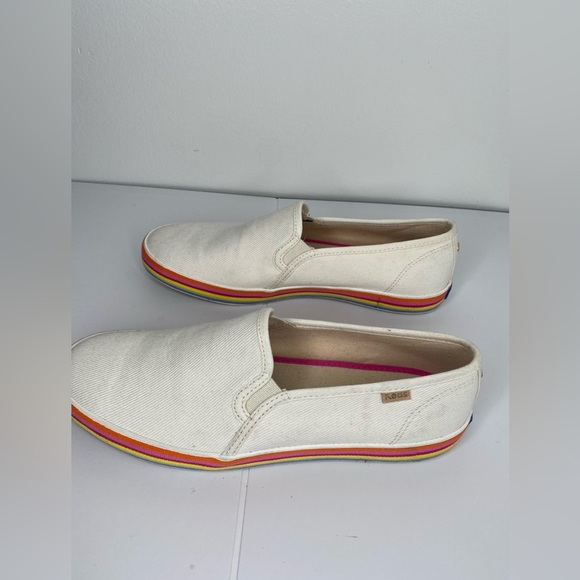 KATE Spade X Keds Double Decker Twill White Slip-On Sneakers with Rainbow Trim - Picture 10 of 13
